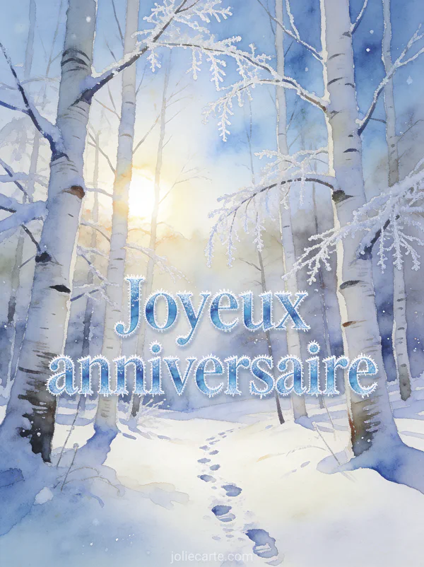 Paysage de forêt de bouleaux en hiver avec branches couvertes de neige et soleil filtrant entre les troncs style aquarelle