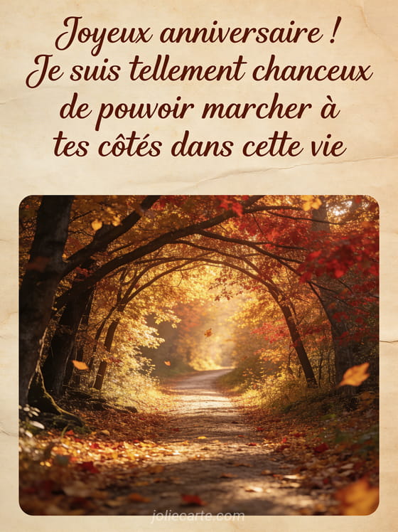 Sentier forestier en automne couvert de feuilles dorées et rouges avec arbres formant une arche naturelle et lumière filtrée