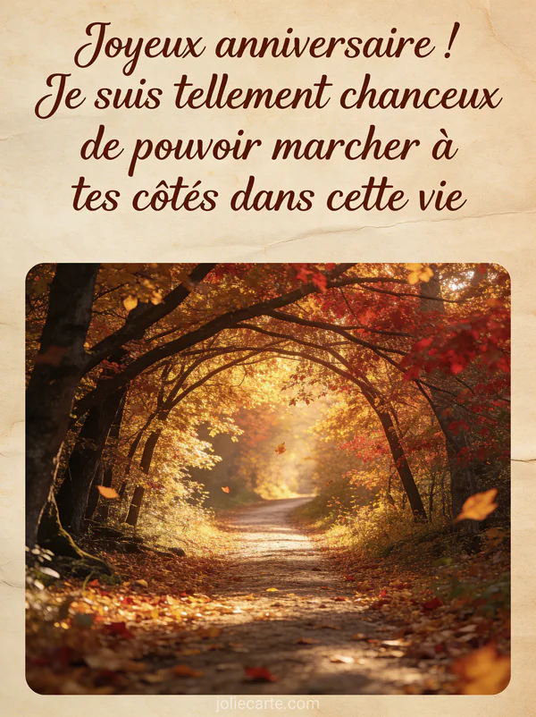 Sentier forestier en automne couvert de feuilles dorées et rouges avec arbres formant une arche naturelle et lumière filtrée