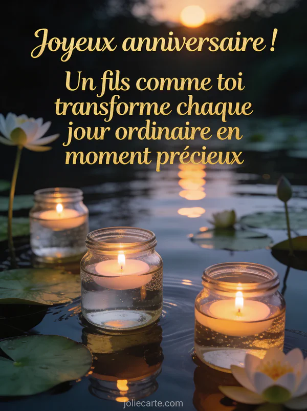 Bougies flottantes dans des bocaux en verre sur un plan d'eau calme au crépuscule avec nénuphars style illustration douce et lumineuse