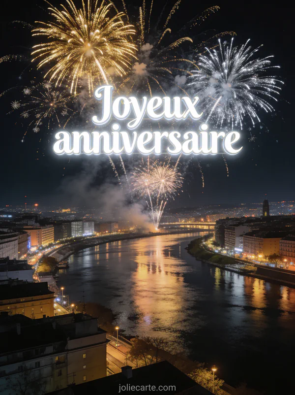 Feu d'artifice doré et argenté explosant dans un ciel noir au-dessus d'une ville illuminée avec reflets sur l'eau d'un fleuve