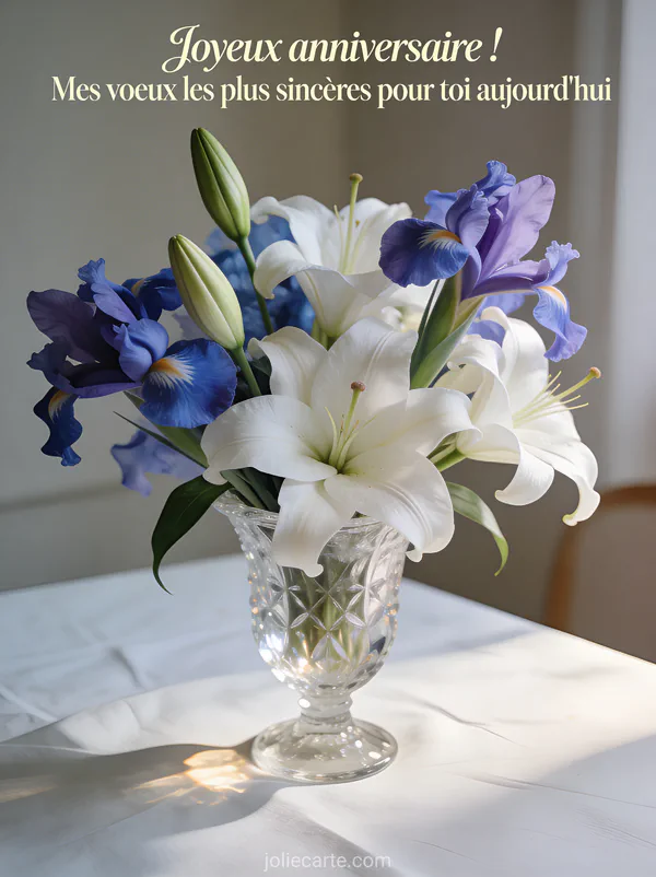 Bouquet d'iris bleu-violet et de lys blancs dans un vase en cristal sur une table drapée de lin blanc
