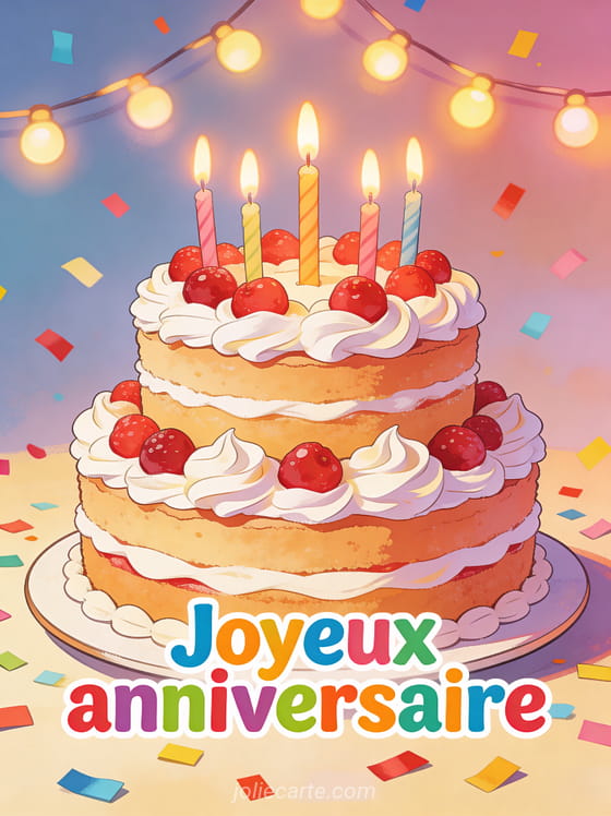 Gâteau d'anniversaire à plusieurs étages décoré de crème fouettée et de fruits rouges avec bougies allumées et confettis