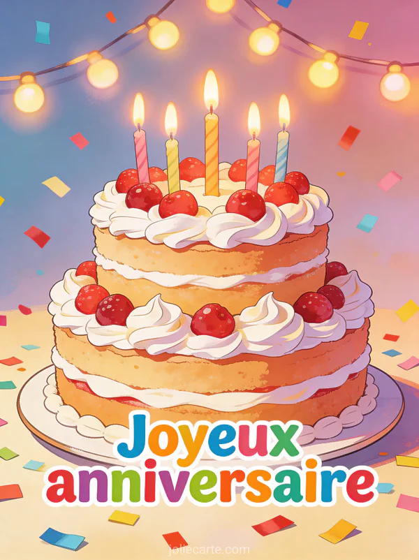 Gâteau d'anniversaire à plusieurs étages décoré de crème fouettée et de fruits rouges avec bougies allumées et confettis