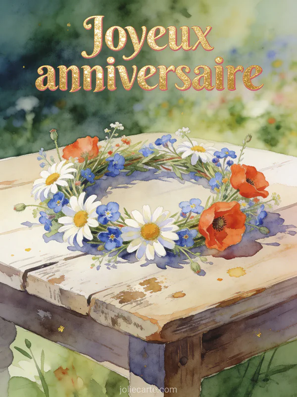 Couronne de fleurs sauvages avec marguerites, bleuets et coquelicots sur une table en bois ancien style aquarelle champêtre