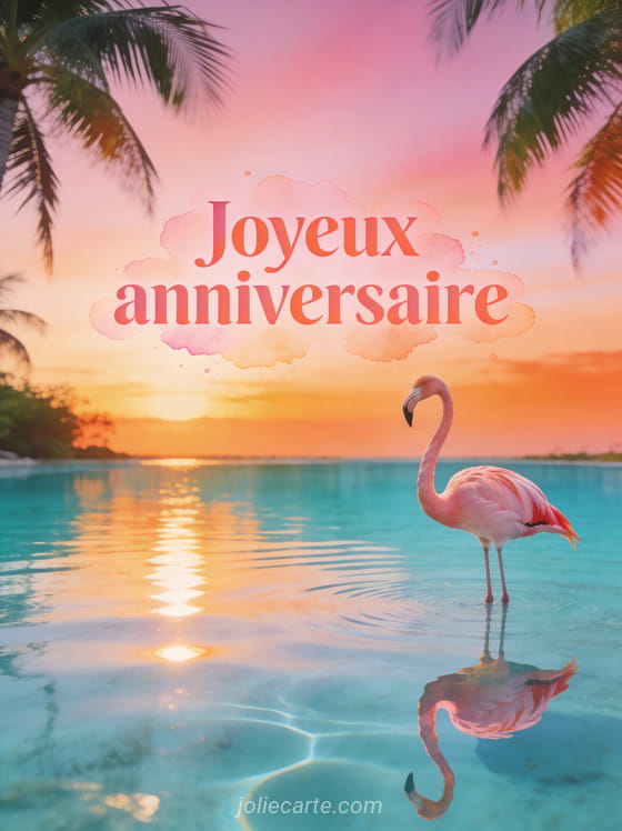 Flamant rose debout dans une lagune turquoise au coucher du soleil avec reflet dans l'eau et ciel dégradé rose et orangé