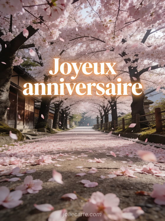 Allée de cerisiers en fleurs avec pétales rose pâle tombant comme une pluie délicate et sol couvert de pétales style photoréaliste