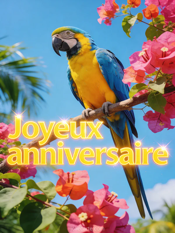 Perroquet ara bleu et jaune perché sur une branche de bougainvillier en fleurs avec plumage éclatant et fond de ciel tropical