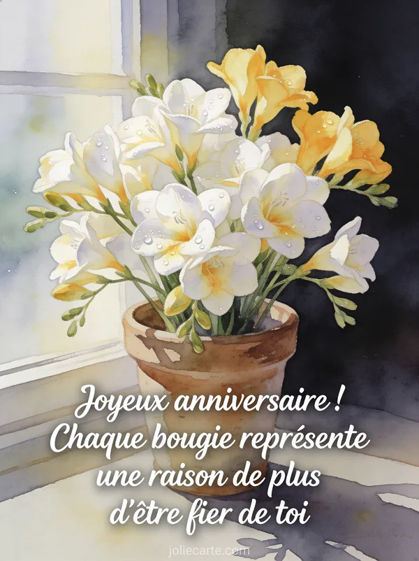 Bouquet de freesias blancs et jaunes dans un pot en grès avec gouttes de rosée sur les pétales et lumière matinale style aquarelle