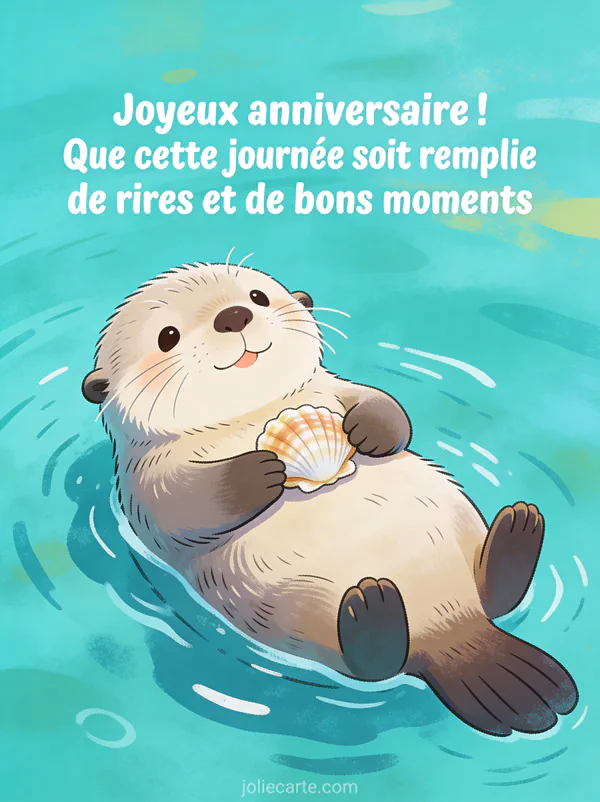 Loutre de mer flottant sur le dos dans une eau turquoise tenant un coquillage entre ses pattes style illustration adorable