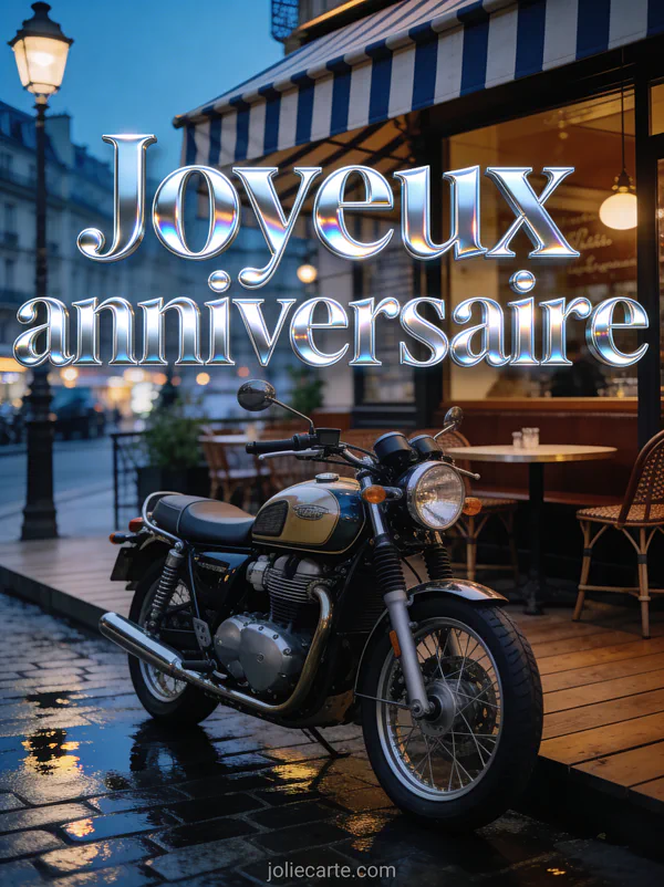 Moto vintage garée devant un café parisien avec terrasse et pavés mouillés reflétant les lumières avec le texte Joyeux anniversaire