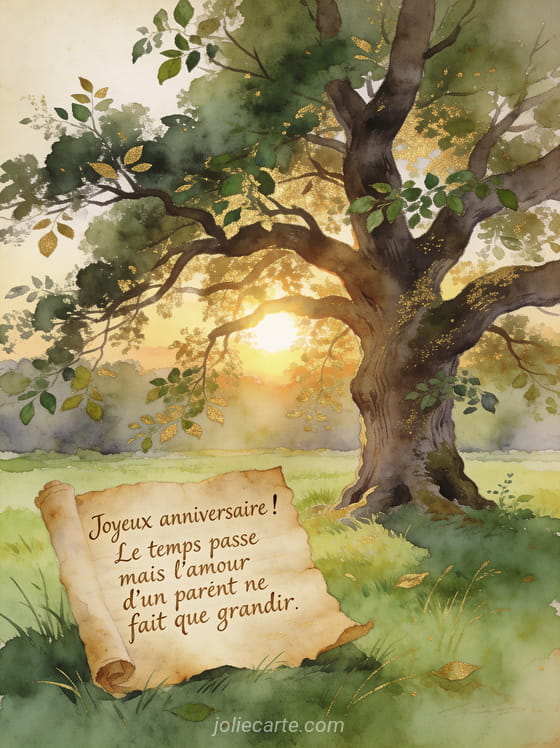 Arbre centenaire majestueux dans un pré verdoyant avec soleil couchant derrière le feuillage style aquarelle détaillée