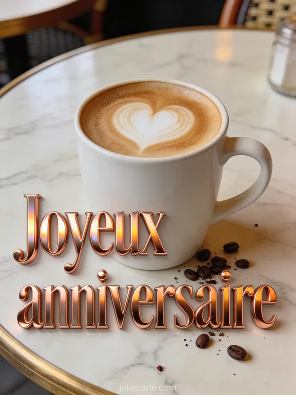 Café latte art en forme de coeur dans une tasse blanche sur une table de bistrot en marbre avec grains de café éparpillés