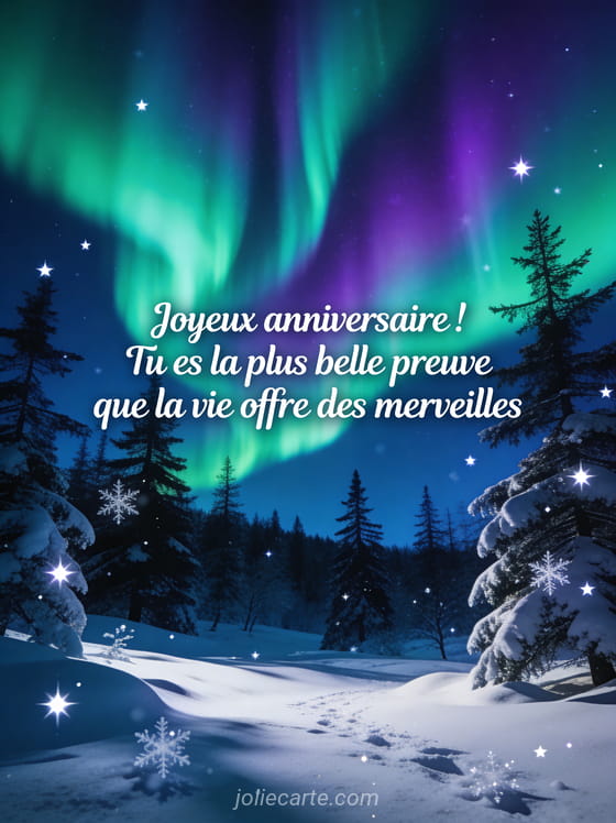 Aurore boréale verte et violette dansant dans un ciel arctique au-dessus d'un paysage enneigé avec sapins et étoiles brillantes