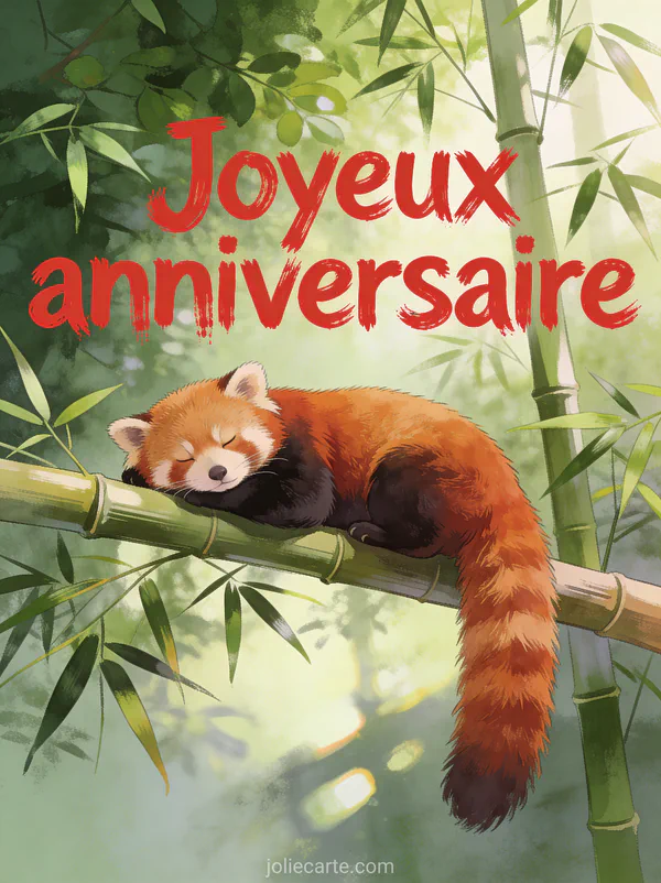 Panda roux endormi sur une branche de bambou avec queue touffue pendante et feuillage vert émeraude style illustration réaliste