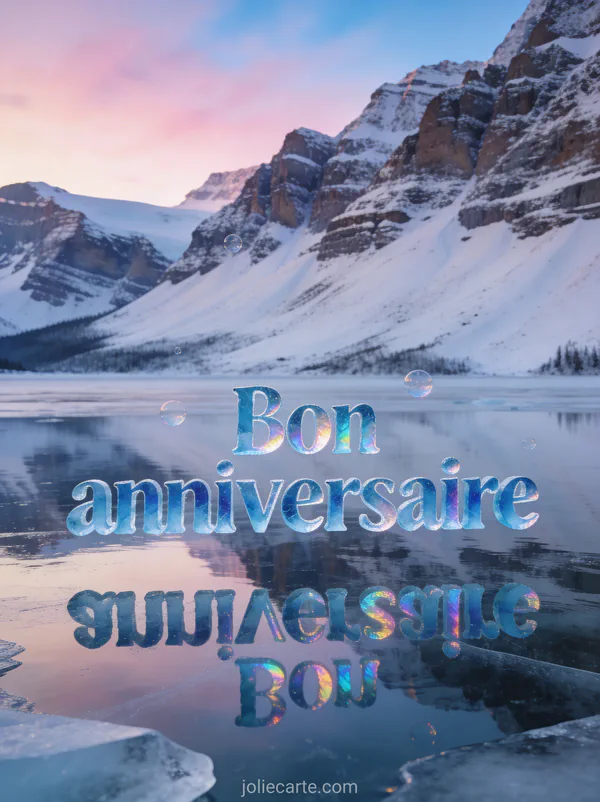 Lac gelé reflétant des montagnes enneigées sous un ciel pastel rose et bleu à l'aube avec le texte Bon anniversaire