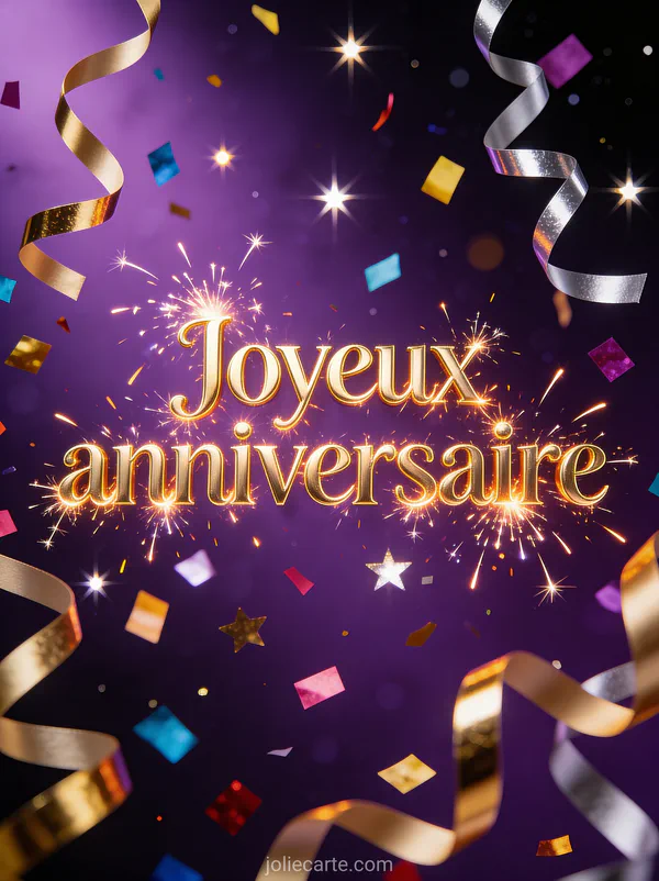 Confettis multicolores tombant sur un fond violet avec étoiles scintillantes, serpentins dorés et argentés style illustration festive