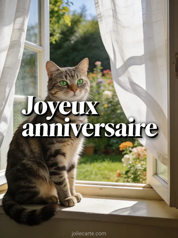 Chat tigré gris aux yeux verts assis sur le rebord d'une fenêtre ouverte avec rideaux en lin blanc ondulant dans la brise