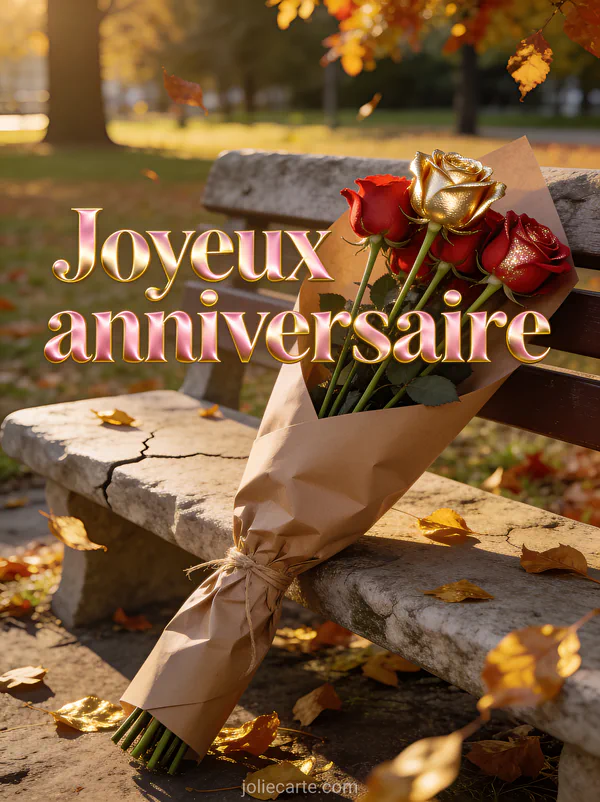 Roses rouges à longue tige dans du papier kraft posées sur un banc en pierre dans un parc avec feuilles d'automne dorées