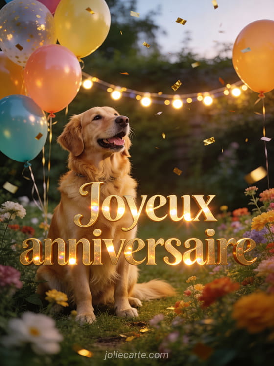 Golden retriever joyeux dans un jardin fleuri avec ballons colorés, guirlande lumineuse et confettis dorés dans l'air