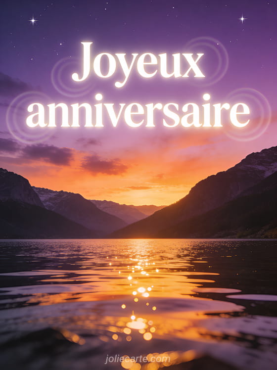 Lac de montagne au coucher du soleil avec premières étoiles dans le ciel violet et orange et reflets dorés sur l'eau