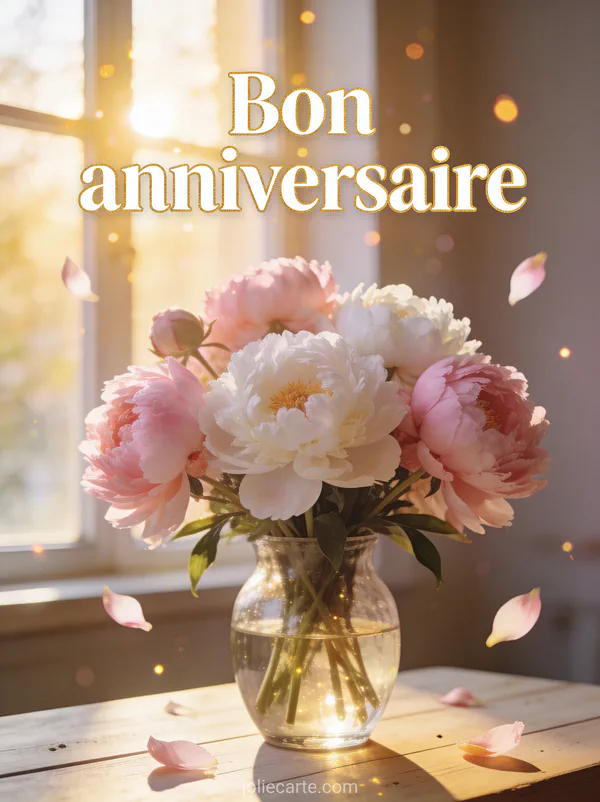 Bouquet de pivoines roses et blanches dans un vase en verre avec pétales volant doucement et lumière dorée traversant une fenêtre