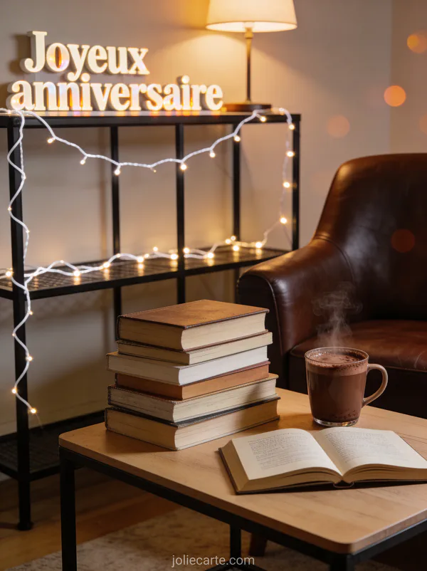 Coin lecture cosy avec fauteuil en cuir, pile de livres, tasse de chocolat chaud fumante et guirlande lumineuse sur étagère