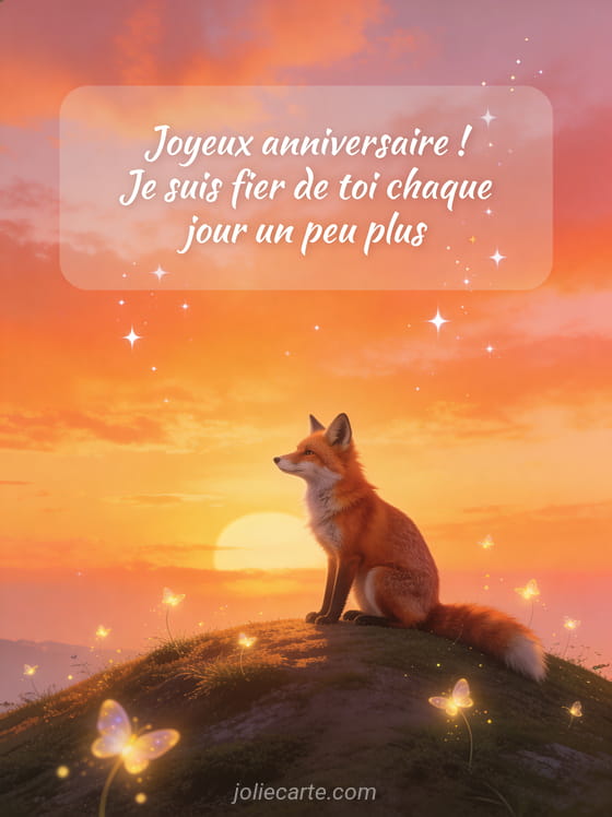 Renard roux assis au sommet d'une colline au coucher du soleil avec ciel flamboyant et lucioles lumineuses style illustration réaliste