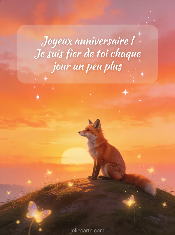 Renard roux assis au sommet d'une colline au coucher du soleil avec ciel flamboyant et lucioles lumineuses style illustration réaliste