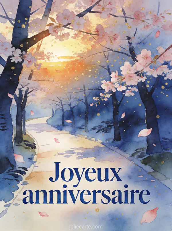 Sentier bordé de cerisiers en fleurs avec pétales roses volant dans la brise et soleil couchant filtrant à travers les branches style aquarelle