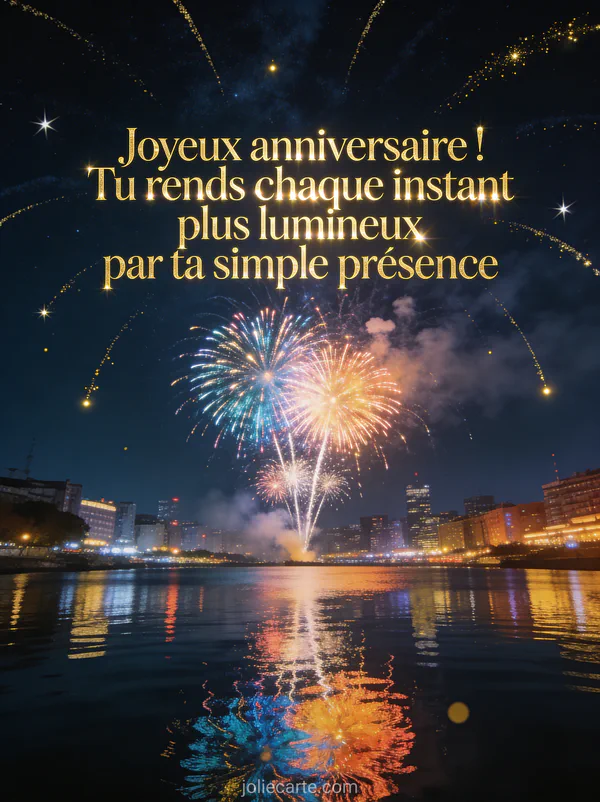Feux d'artifice multicolores explosant au-dessus d'une ville illuminée avec reflets dans un plan d'eau et étoiles filantes