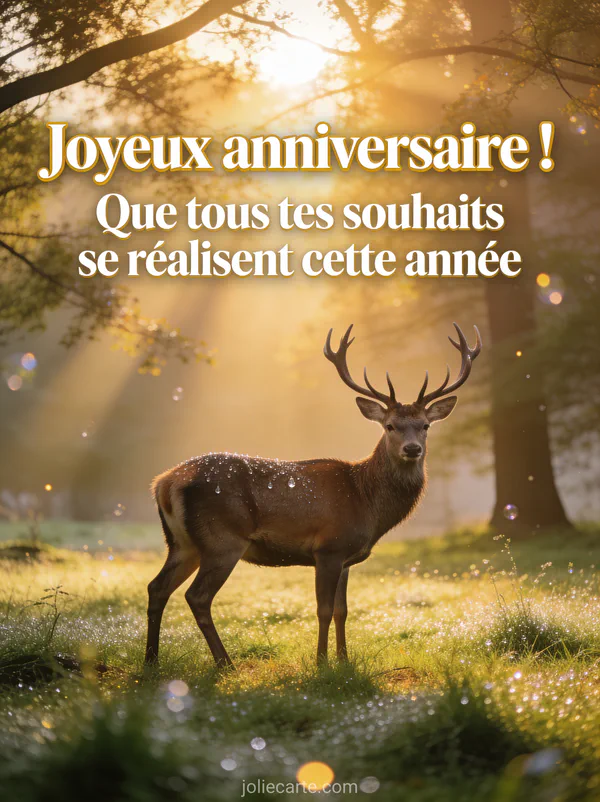 Cerf majestueux dans une clairière au lever du soleil avec rayons dorés filtrant à travers les arbres et rosée scintillante