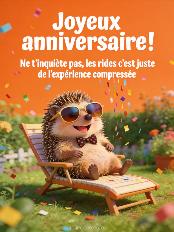 Hérisson portant des lunettes de soleil surdimensionnées et un noeud papillon à pois dans une chaise longue miniature avec confettis