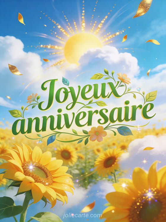 Champ de tournesols sous un ciel bleu avec nuages cotonneux, soleil radieux et pétales dorés volant dans le vent style illustration