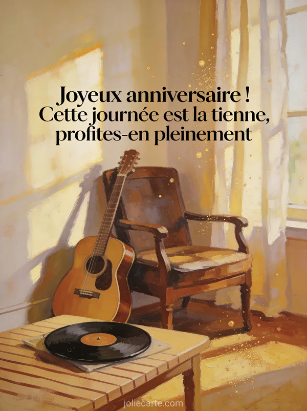 Guitare acoustique appuyée contre un fauteuil vintage avec lumière de fenêtre filtrant à travers des rideaux et vinyle sur table basse