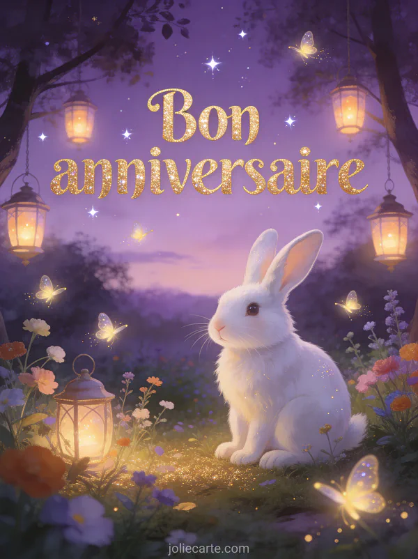 Lapin blanc assis dans un jardin enchanté au crépuscule avec lanternes suspendues, lucioles et petites étoiles scintillantes style illustration