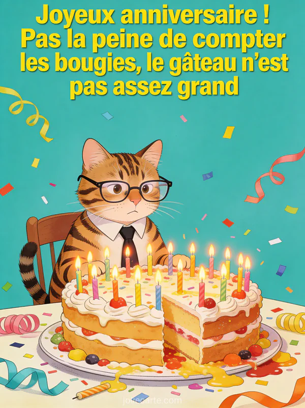 Chat tigré portant une cravate et des lunettes de lecture devant un gâteau gigantesque débordant de bougies avec expression perplexe