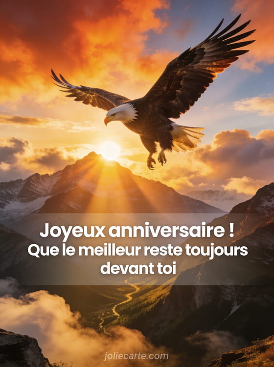 Aigle en vol majestueux au-dessus d'une vallée de montagne avec soleil levant flamboyant et rayons dorés perçant les nuages