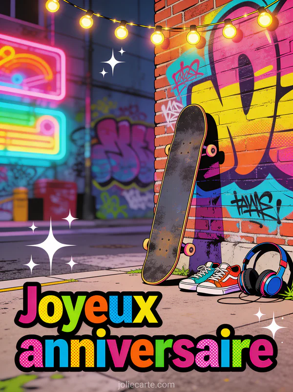 Skateboard vintage contre un mur de briques couvert de street art coloré avec guirlande lumineuse et néons style illustration urbaine