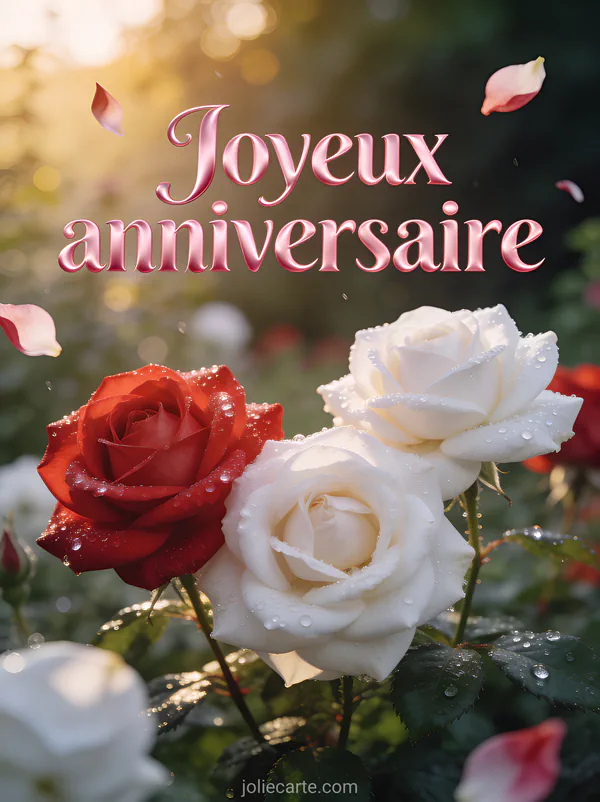 Composition de roses rouges et blanches dans un jardin anglais avec rosée du matin scintillante et lumière dorée de l'aube