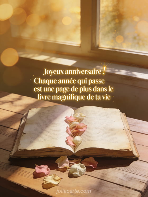 Vieux livre ouvert sur une table en bois avec des pétales de fleurs séchées et le texte Joyeux anniversaire en lettres dorées