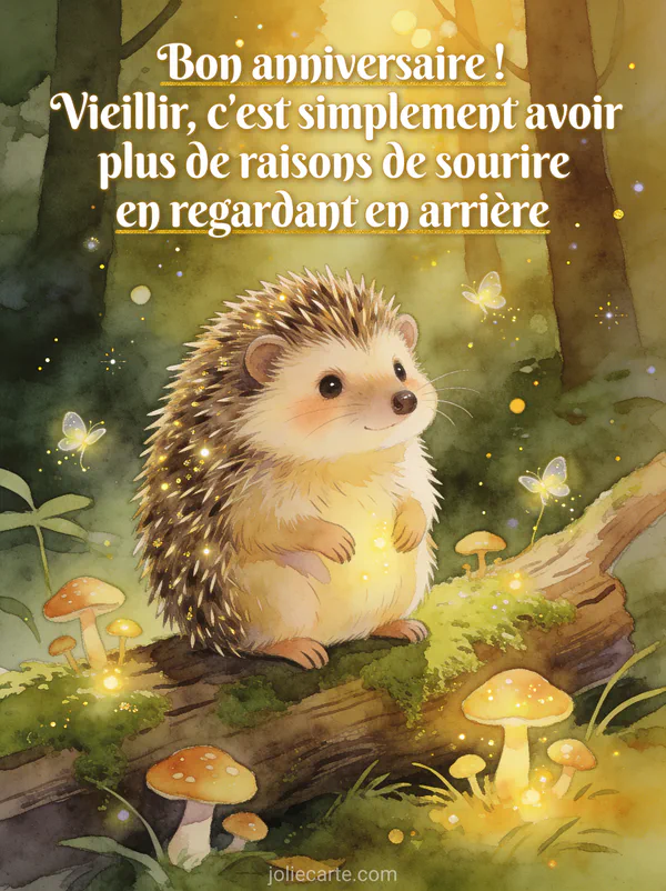 Adorable hérisson assis sur un tronc moussu entouré de champignons lumineux et lucioles dans une forêt enchantée style aquarelle