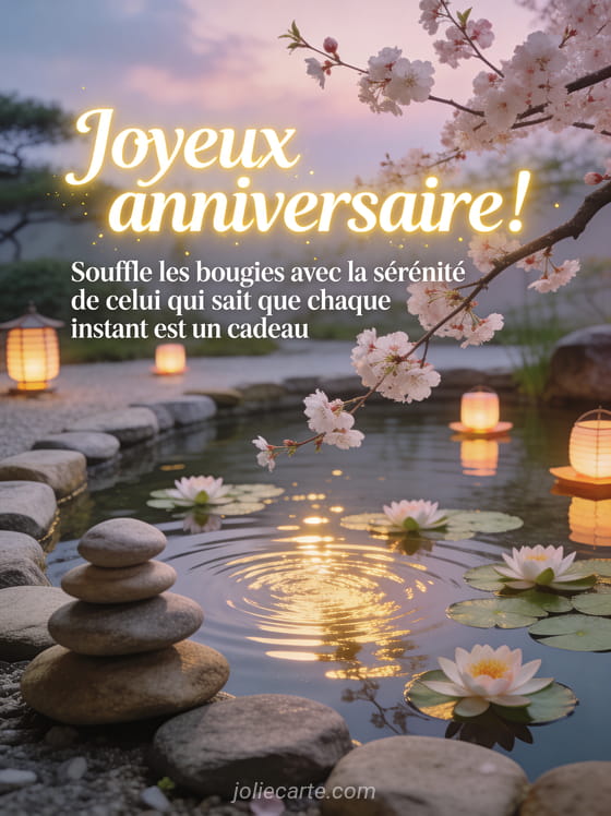 Jardin zen japonais avec pierres empilées au bord d'un bassin calme, nénuphars en fleur et branche de cerisier avec lanternes flottantes