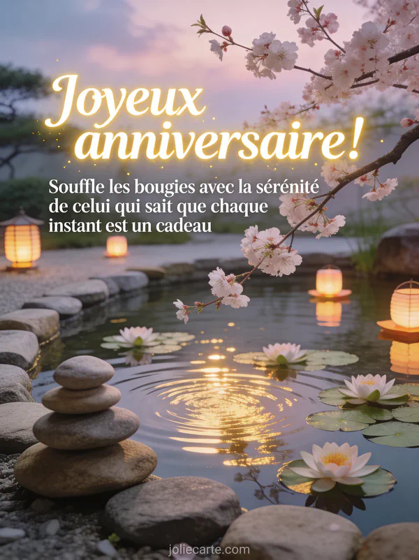 Jardin zen japonais avec pierres empilées au bord d'un bassin calme, nénuphars en fleur et branche de cerisier avec lanternes flottantes