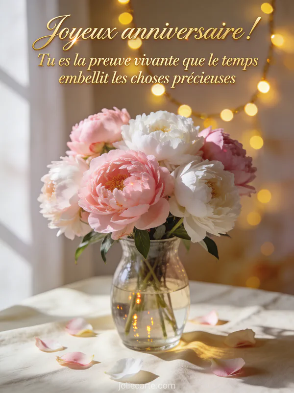 Bouquet de pivoines roses et blanches dans un vase en verre sur une nappe en lin avec pétales éparpillés et guirlande lumineuse