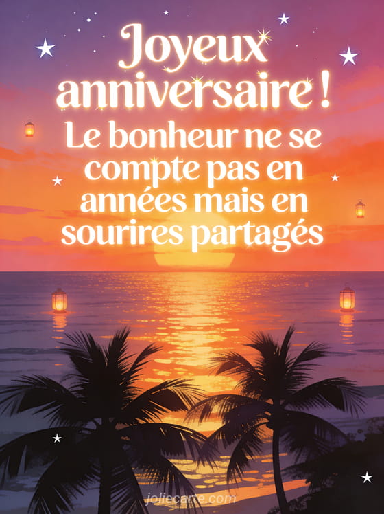 Coucher de soleil flamboyant sur l'océan avec palmiers en silhouette, lanternes lumineuses flottant au loin et étoiles apparaissant