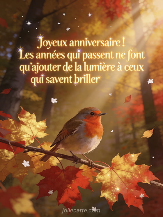 Rouge-gorge perché sur une branche d'érable aux feuilles dorées et rouges d'automne avec rayons de soleil traversant la canopée