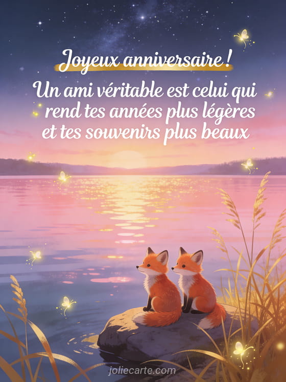 Deux petits renards roux assis côte à côte sur un rocher au bord d'un lac au crépuscule avec lucioles et herbes dorées