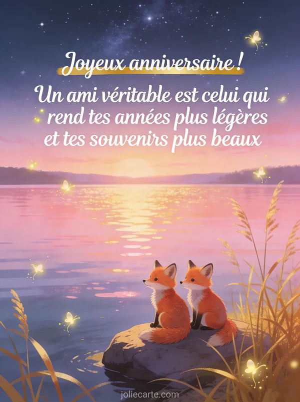 Deux petits renards roux assis côte à côte sur un rocher au bord d'un lac au crépuscule avec lucioles et herbes dorées