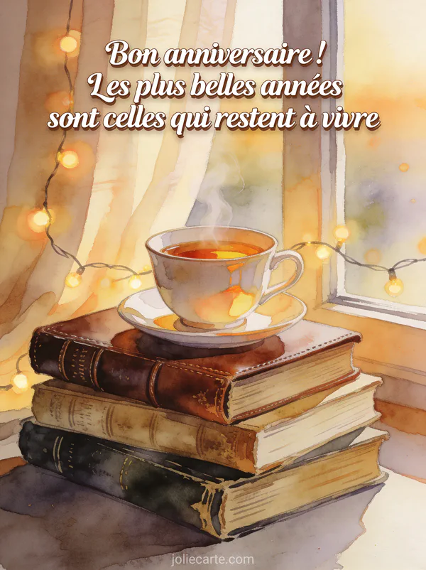 Tasse de thé fumante posée sur une pile de vieux livres reliés cuir près d'une fenêtre avec guirlande lumineuse style aquarelle